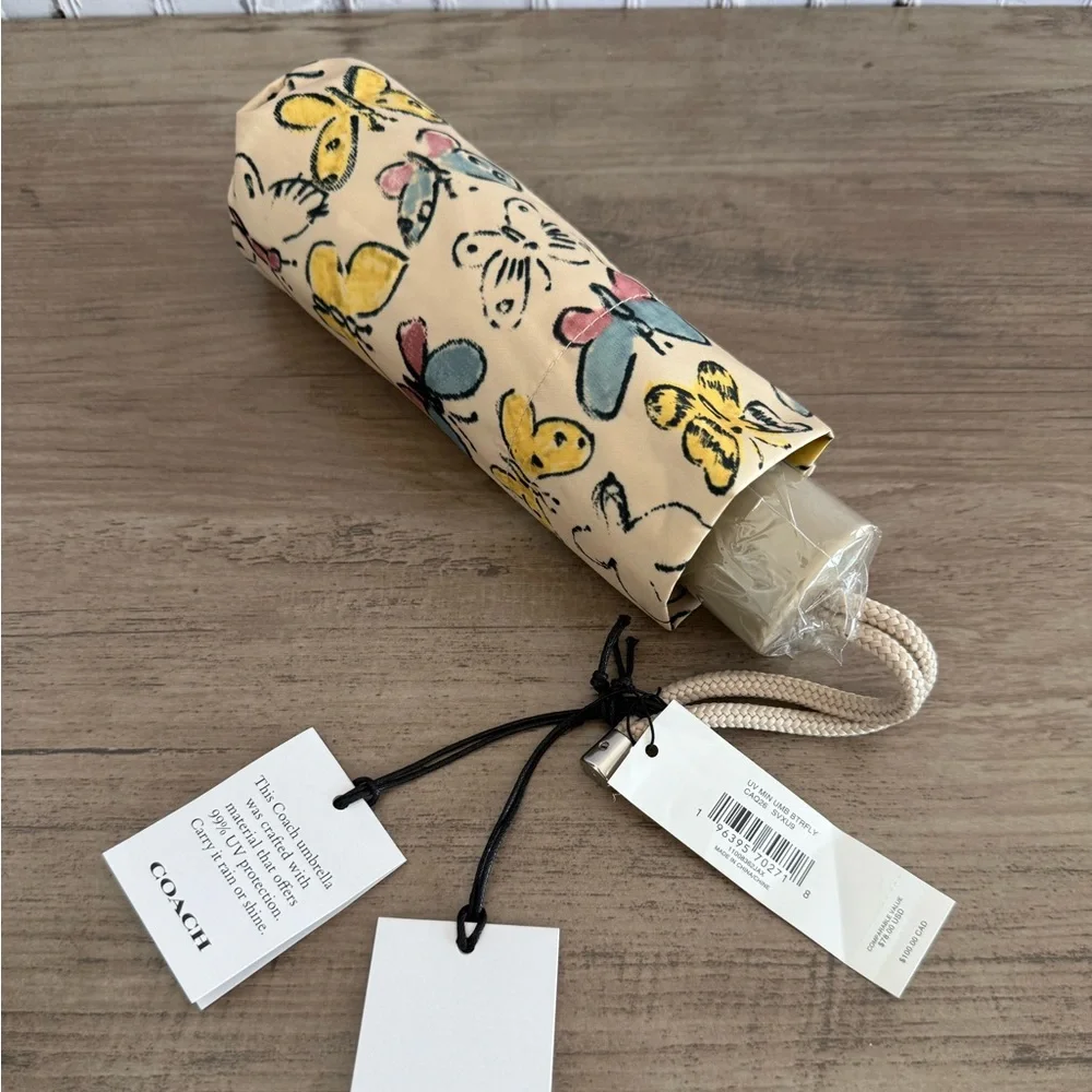 NWT Coach Uv Protection Mini Umbrella In Butterfly Print Yellow
